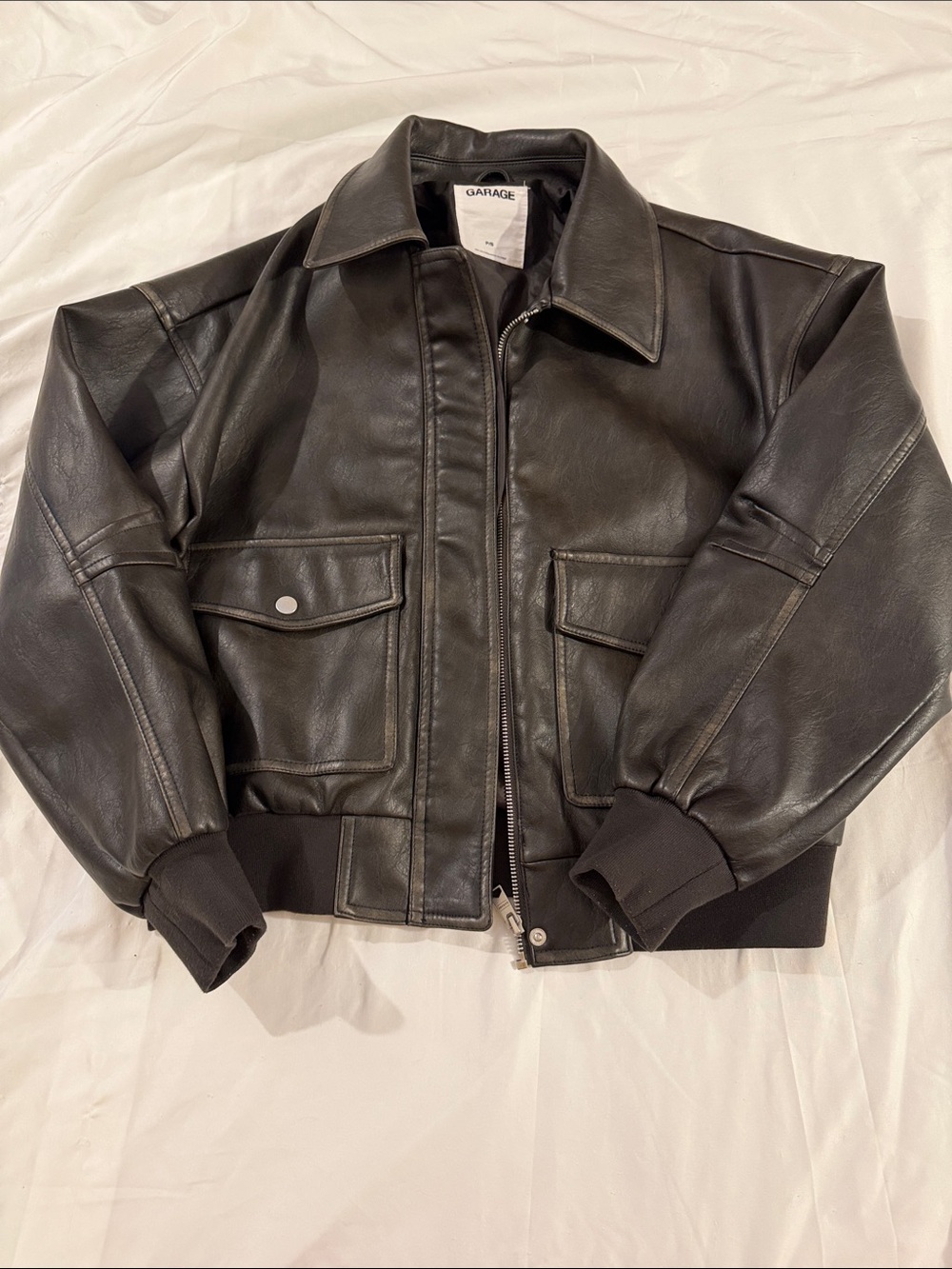 Garage Black Faux Leather Bomber with Front Flap Pockets